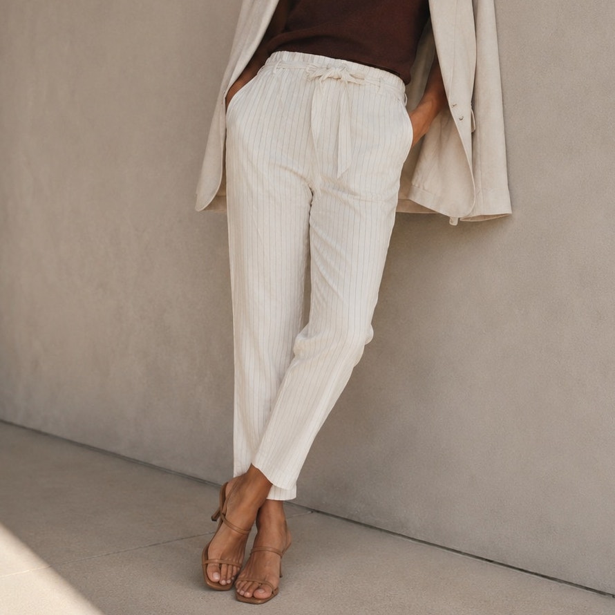 Nwt Have La Paper Bag Linen Blend Off-White Striped Pants, Size L
